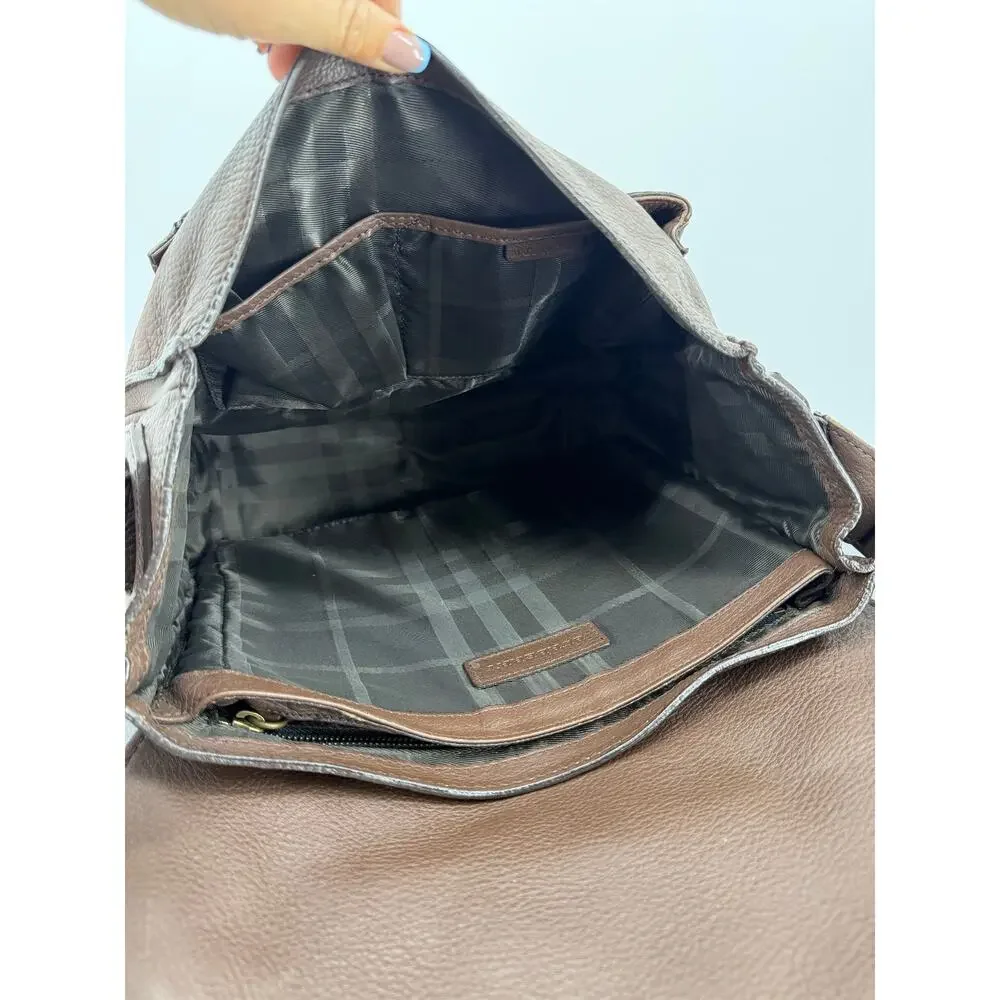 Burberry Men Brown Pebbled Leather Messenger Bag Crossbody Nova Check Lined Flap